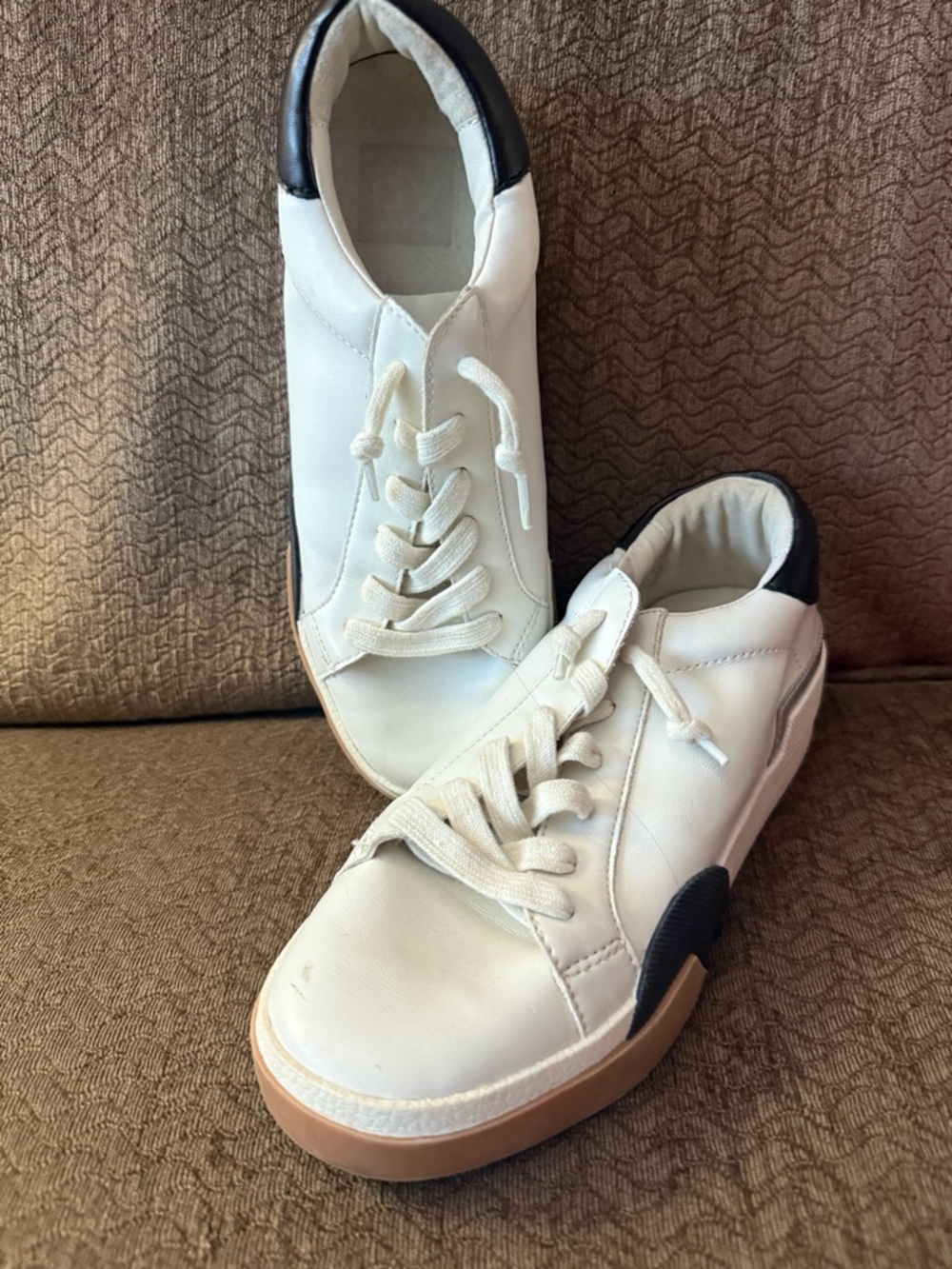 DV by Dolce Vita White Leather Sneakers with Black Heel and Tan Sole